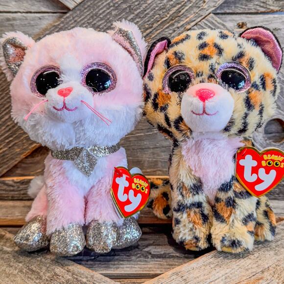 NWT Pair of Cat TY Beanie Boos-2022 Fiona the Pink Cat & 2021 Livvie the Leopard - Picture 1 of 9